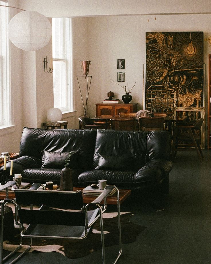 Vintage Mid-Century Black Leather Sofa