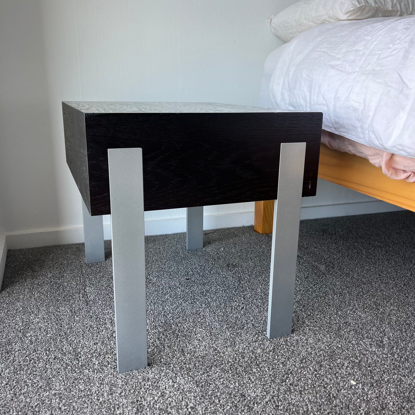 Pair of Modernist Oak + Chrome Bedside Tables