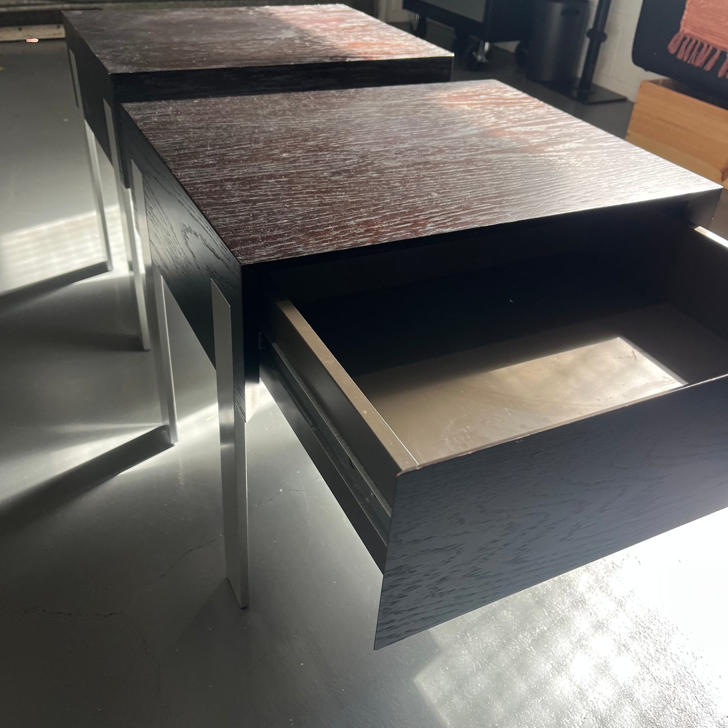 Pair of Modernist Oak + Chrome Bedside Tables