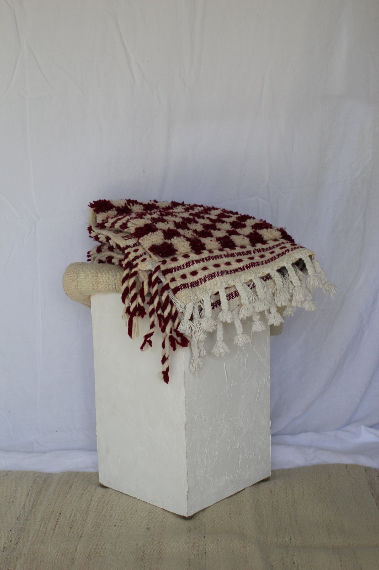 Red & White Moroccan Tasselled Rug