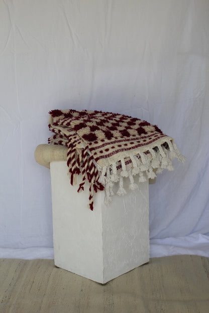 Red & White Moroccan Tasselled Rug