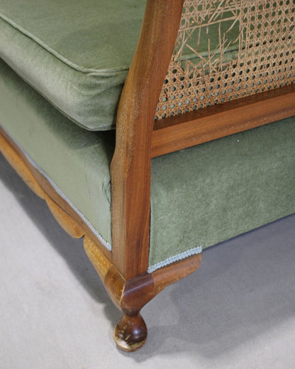 Vintage Bergère-Style Cane Sofa / Green
