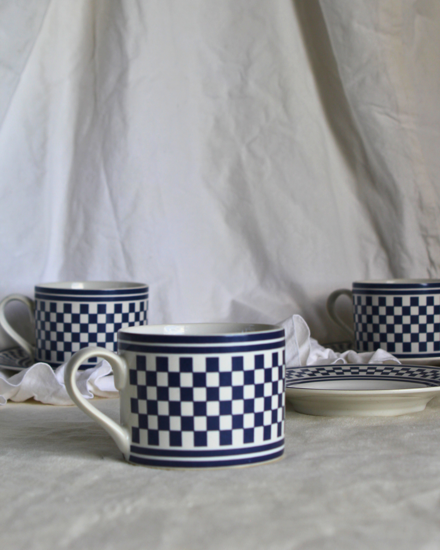 90's Blue Check Cups and Saucers | Set of 3