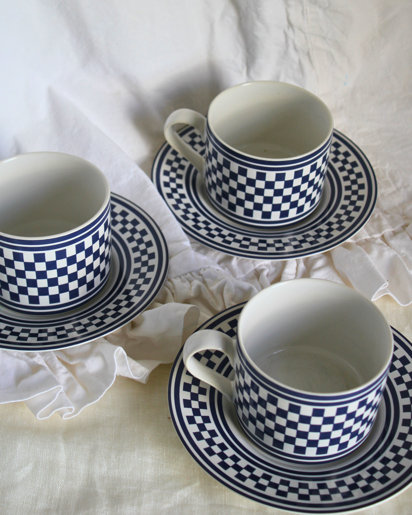 90's Blue Check Cups and Saucers | Set of 3