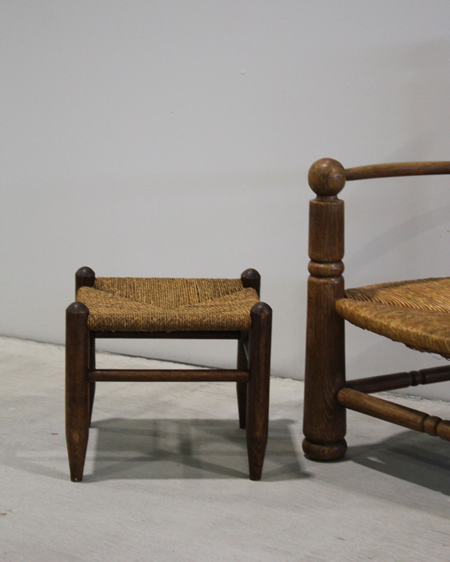 Antique European Rush Stool with Turned Timber Frame