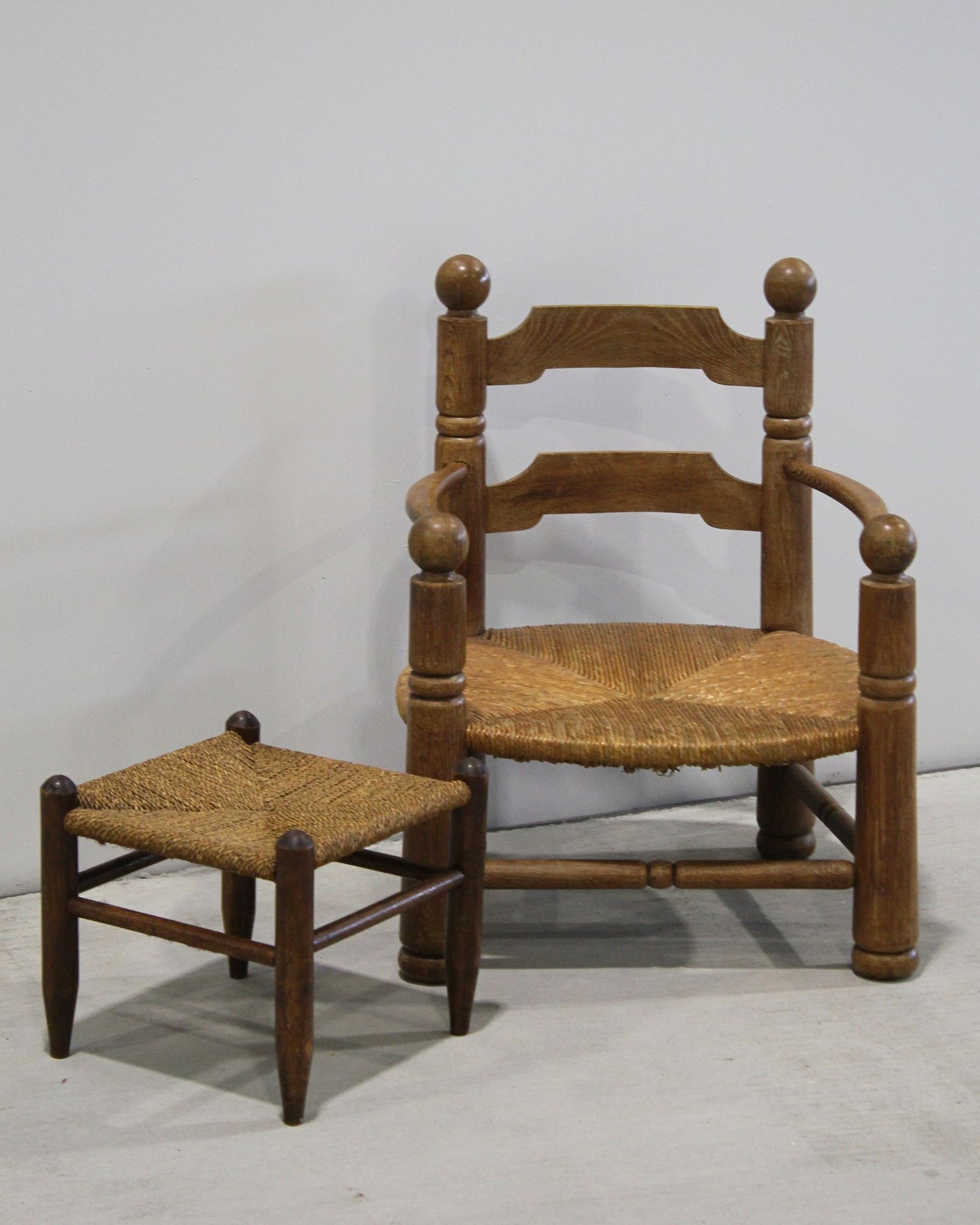 Antique European Rush Stool with Turned Timber Frame