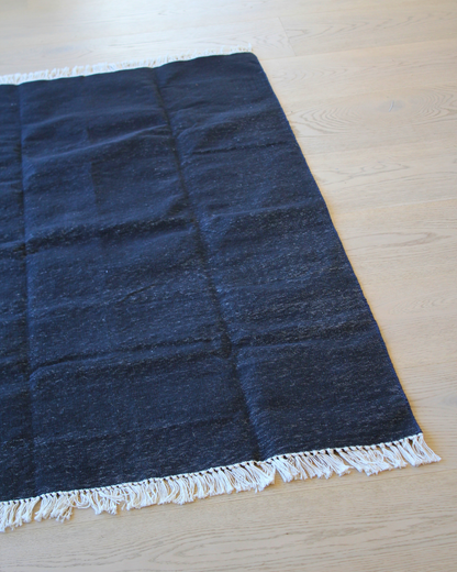 Black Cotton Flatweave Rug with Cream Fringe
