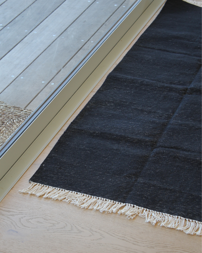 Black Cotton Flatweave Rug with Cream Fringe