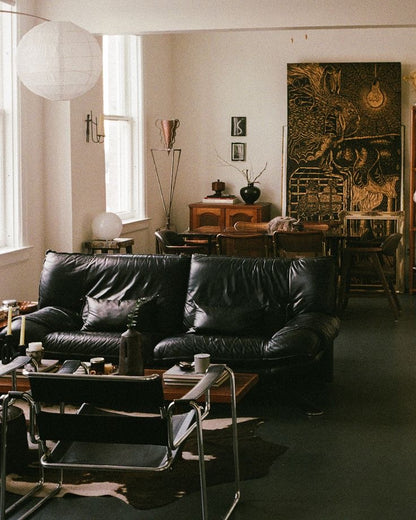 Vintage Mid-Century Black Leather Sofa