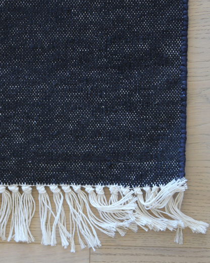 Black Cotton Flatweave Rug with Cream Fringe