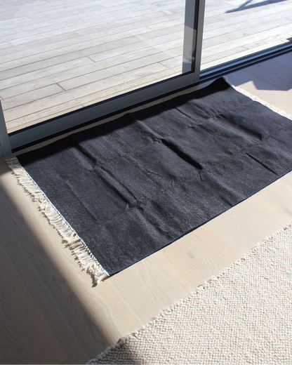 Black Cotton Flatweave Rug with Cream Fringe