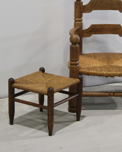 Antique European rush stool, solid timber turned legs, warm patina, vintage accent furniture New Zealand