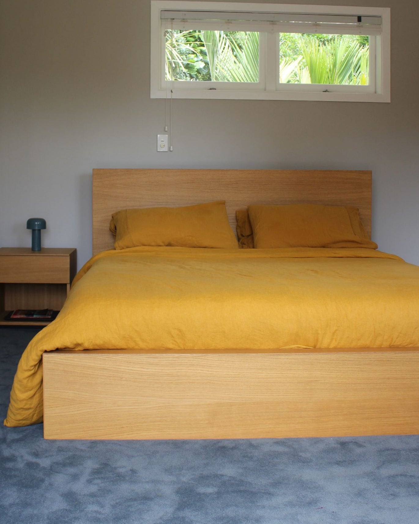 Simon James Hallford bed super king, solid oak, minimal architectural design, NZ made furniture, second hand Auckland