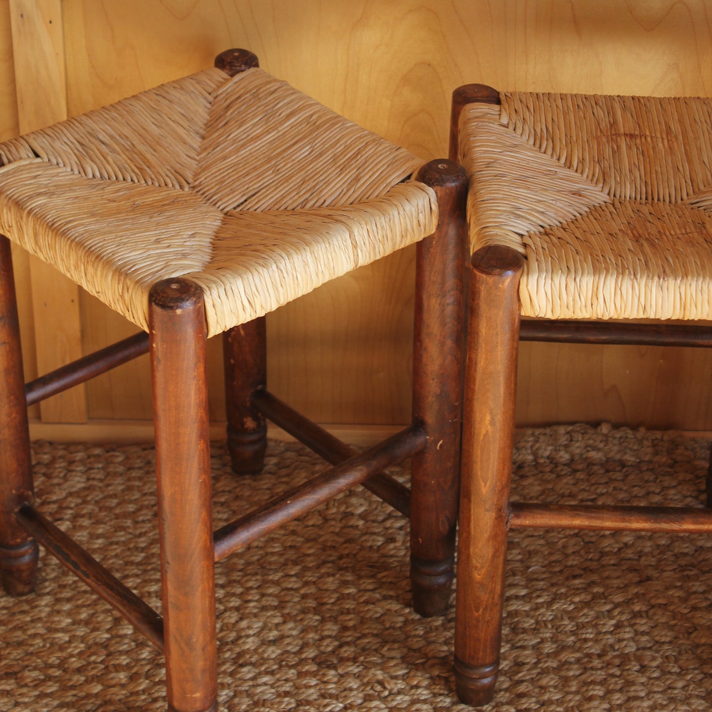 Pair of Vintage Rustic Rush Seat Stools