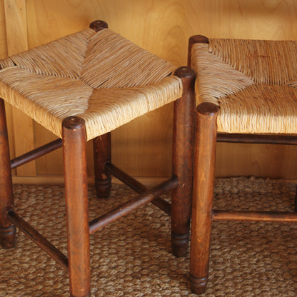 Pair of Vintage Rustic Rush Seat Stools