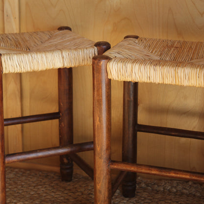 Pair of Vintage Rustic Rush Seat Stools