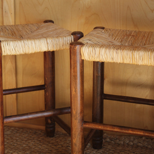 Pair of Vintage Rustic Rush Seat Stools