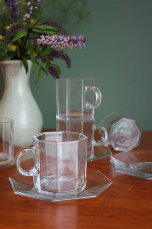 Arcoroc France Octime Glass Cups & Saucers / Set of 5