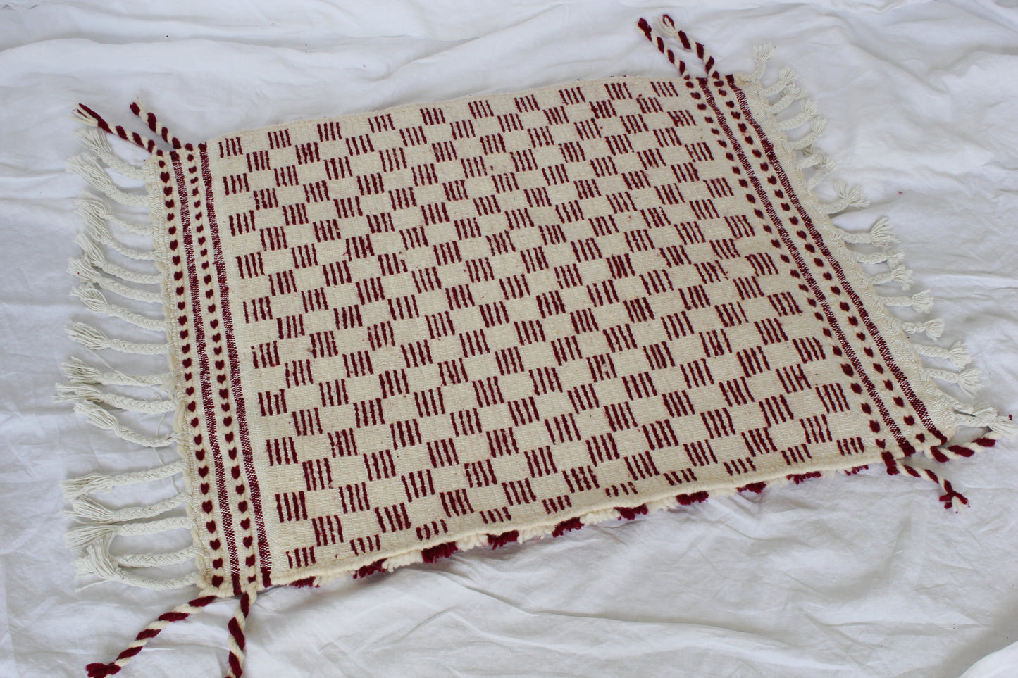Red & White Moroccan Tasselled Rug