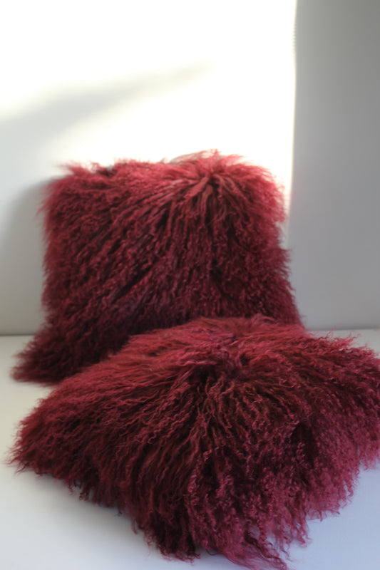Pair of Mongolian Lambswool Cushion in Berry