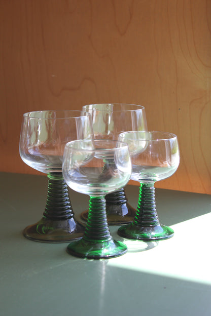 Luminarc Large Roemer Wine Glasses with Green Ribbed Stem (Pair)