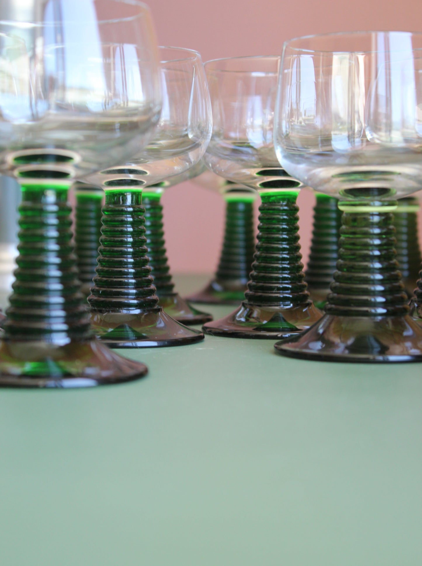 Luminarc Large Roemer Wine Glasses with Green Ribbed Stem (Pair)