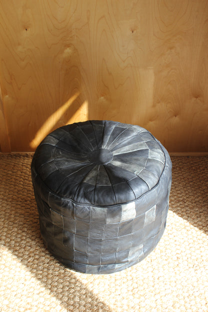 Vintage Black Leather Patchwork Pouffe