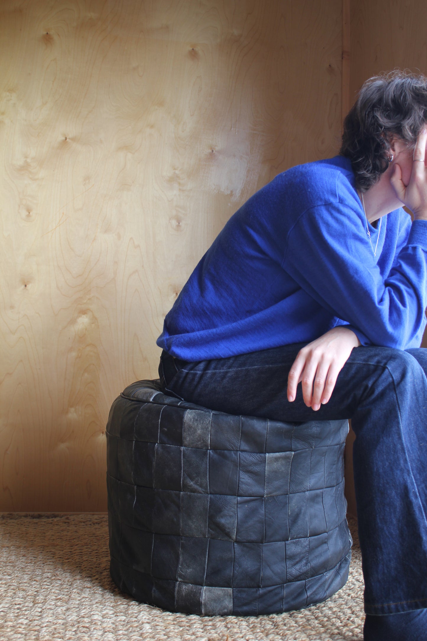 Vintage Black Leather Patchwork Pouffe