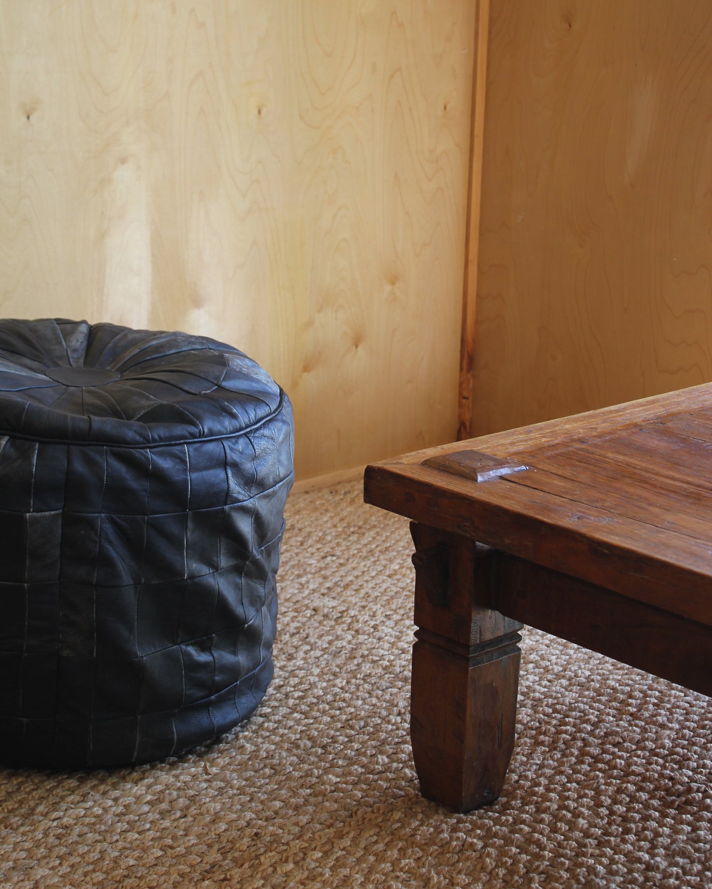 Vintage Black Leather Patchwork Pouffe