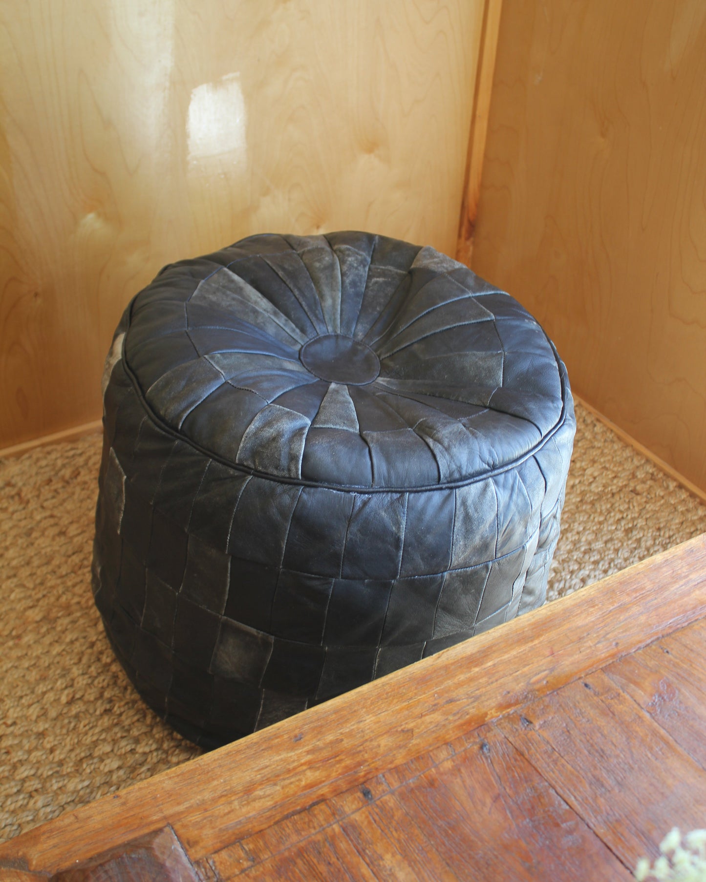 Vintage Black Leather Patchwork Pouffe