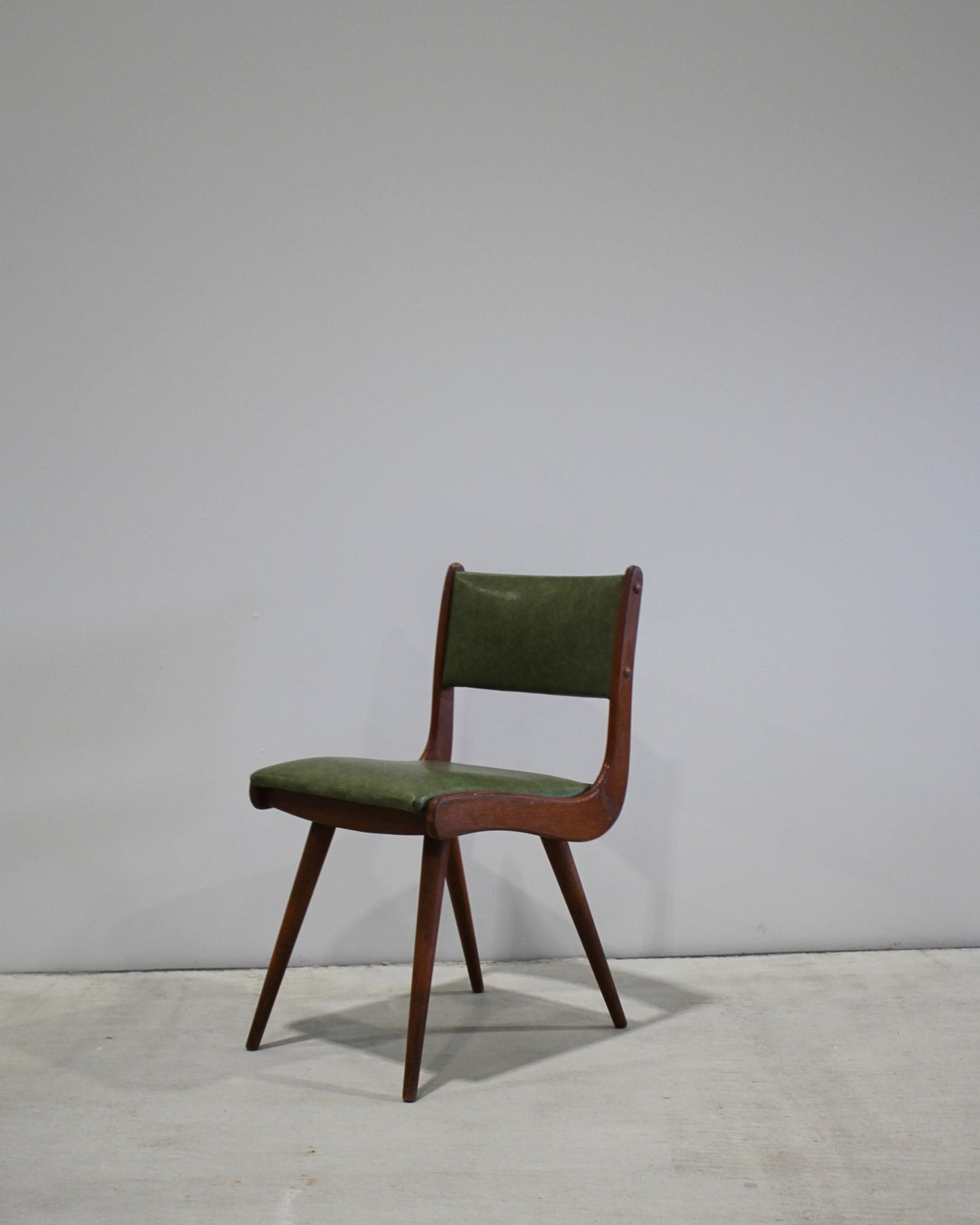 Jon Jansen single dining chair in green vinyl, timber frame, mid-century form, vintage dining chair New Zealand