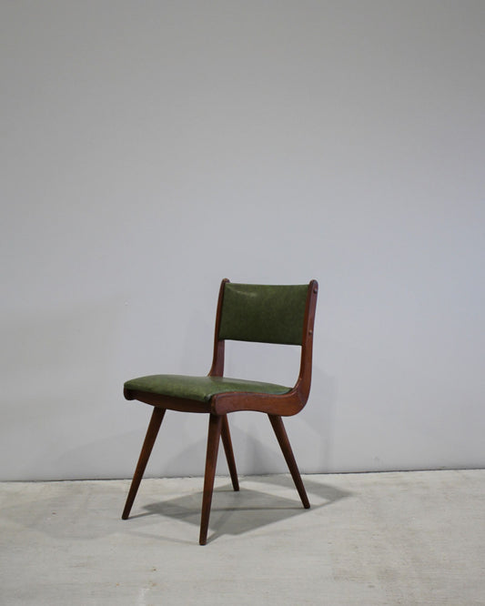 Jon Jansen single dining chair in green vinyl, timber frame, mid-century form, vintage dining chair New Zealand