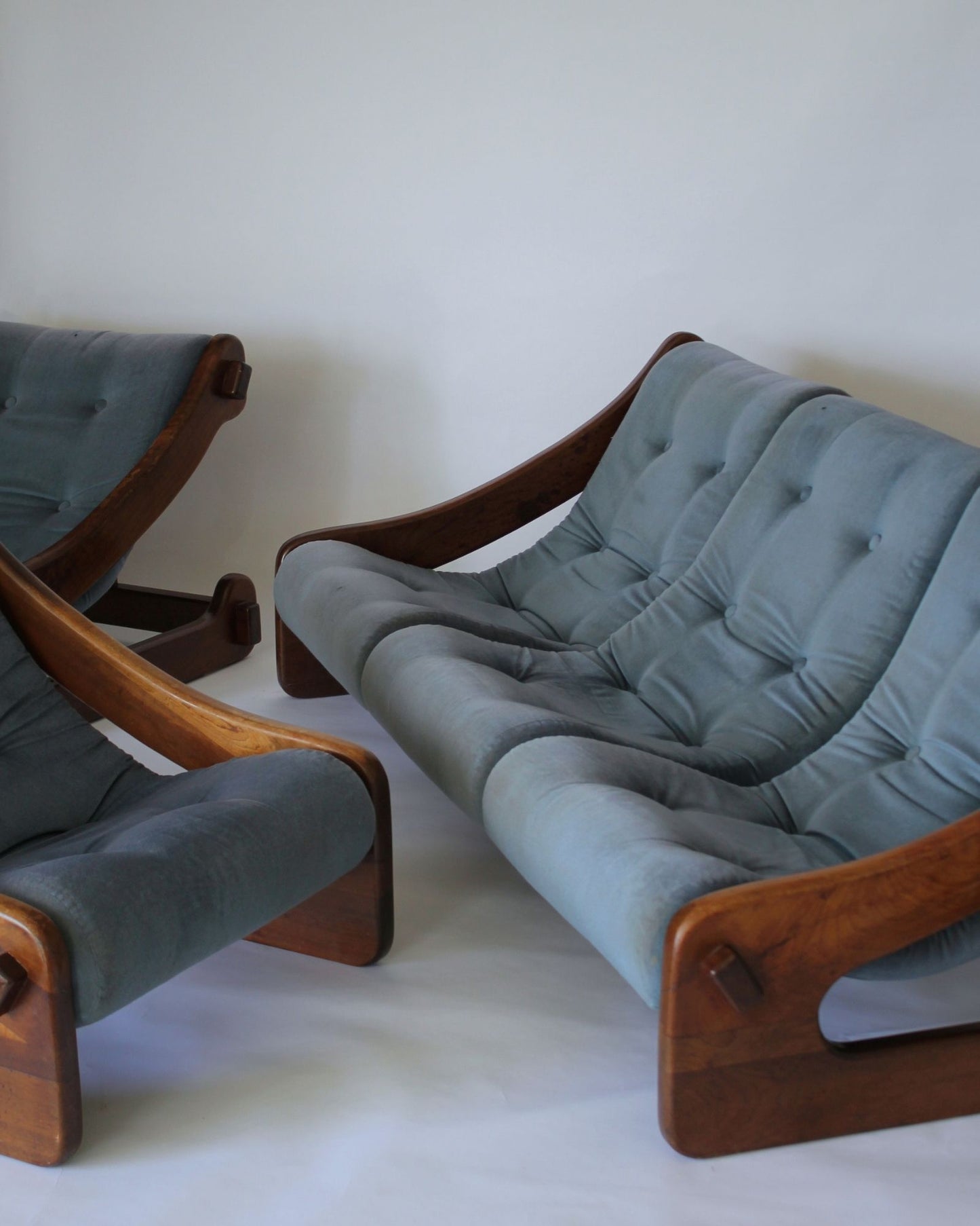 Vintage three-piece timber lounge suite in dusty blue velvet, 3-seater sofa and two armchairs, mid-century design, Auckland New Zealand