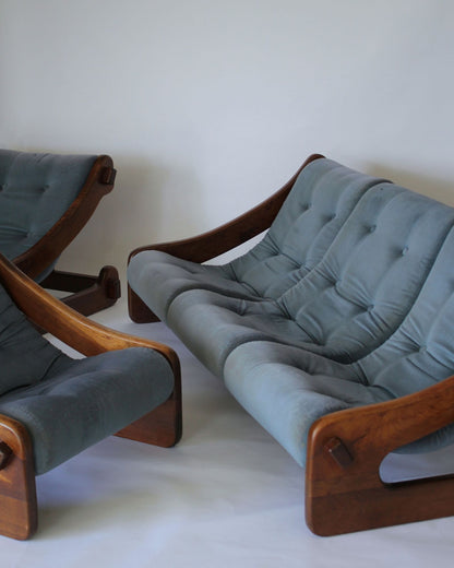 Vintage three-piece timber lounge suite in dusty blue velvet, 3-seater sofa and two armchairs, mid-century design, Auckland New Zealand